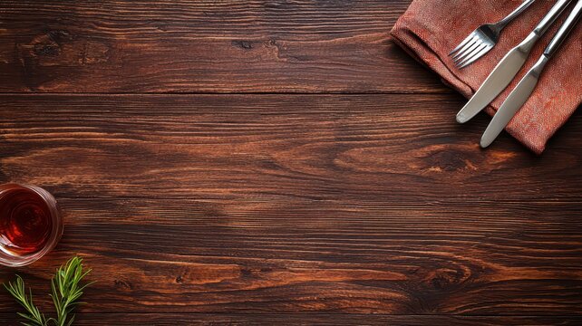 Elegant polished wood table set for dinner, featuring an open space at the top for customizable text.