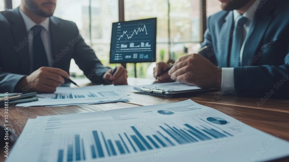 Poster Two men in suits are sitting at a table, looking at financial documents and a computer screen displaying a graph.