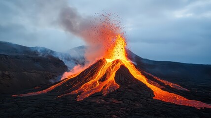 Lava flows down a volcanic mountain, glowing molten rock radiating intense heat and energy in a fiery display.