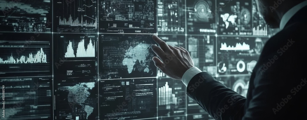 Poster an ai stock, data science, and information technology concept shows a businessman working with virtu