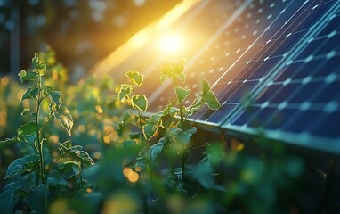 Stunning agrivoltaic installation with solar panels and flourishing plants, symbolizing the future of ecofriendly farming and clean energy