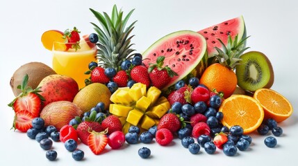 A colorful assortment of fresh fruits displayed artistically on a white background