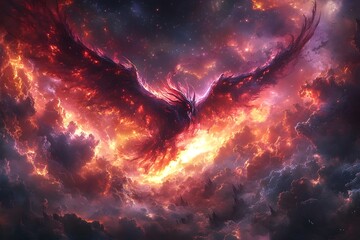 Obraz premium A fiery phoenix soars through a sky filled with swirling clouds and twinkling stars.