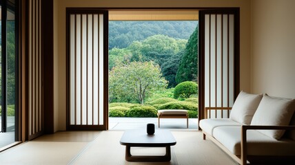 Fototapeta premium Chic minimalist living area with folding doors opening to a serene garden oasis in natural light.