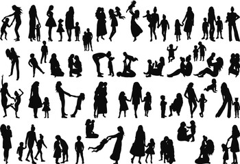 mothers and children, silhouette set, vector