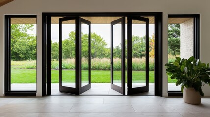 Stylish open concept living room with folding doors opening to a vibrant summer garden oasis.