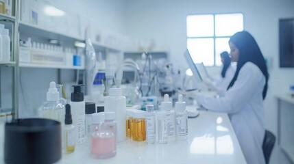 Two researchers work diligently in a bright laboratory, formulating cosmetics. Various transparent bottles and jars filled with liquids are neatly arranged on the countertop, showcasing their work.