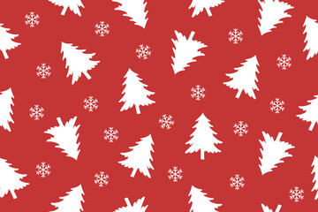 Christmas seamless pattern of white Christmas trees on red background. Christmas background. Christmas paper.