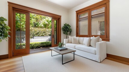 Fototapeta premium Stylish open concept living room with folding doors opening to a vibrant summer garden oasis.
