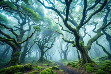 Misty ancient forest landscape with towering trees and twisted branches