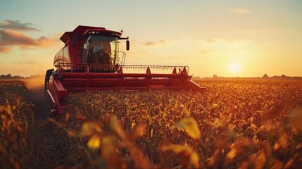 Autumn Soybean Harvest with Red Combine Harvester Under a Sunlit Sky, A Vibrant Scene of Agricultural Activity in a Rural Field, Capturing the Essence of Harvest Time