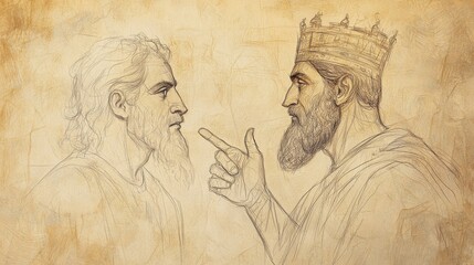 Fototapeta premium Confident Daniel Explaining the Dream to Listening King Nebuchadnezzar with His Face Slowly Softening Modern Minimalist Wall Art Sketch from Biblical Times