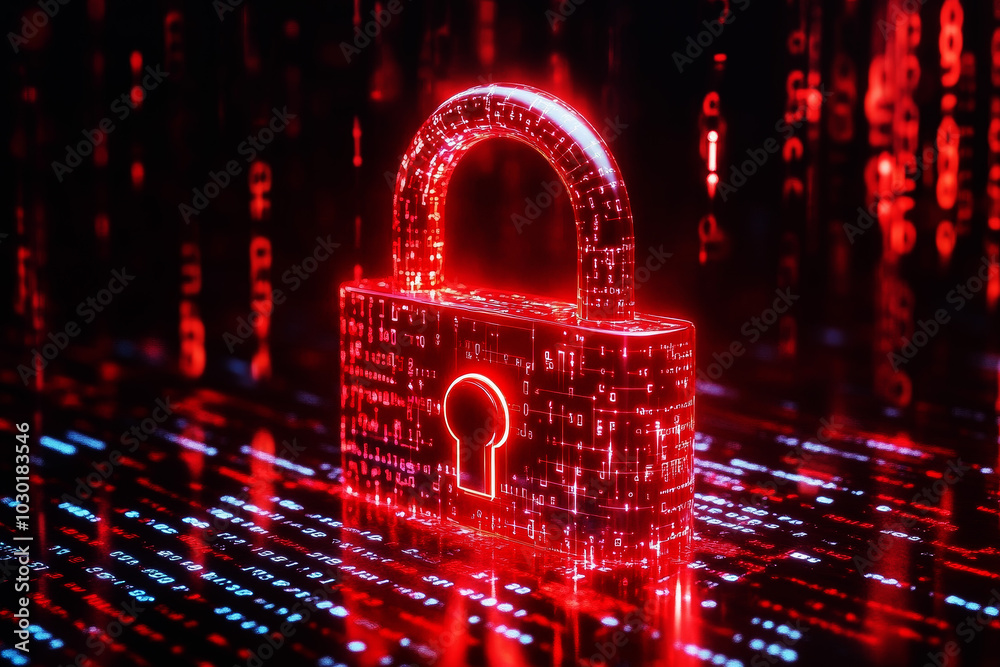 Wall mural red padlock with keyhole digital icon on black background. personal data security and information pr