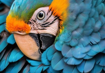 Obraz premium Vibrant macaw perched quietly, showcasing its colorful feathers in a natural habitat setting