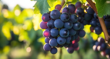 Fototapeta premium Fresh purple grapes hanging in a sunlit vineyard during the late afternoon