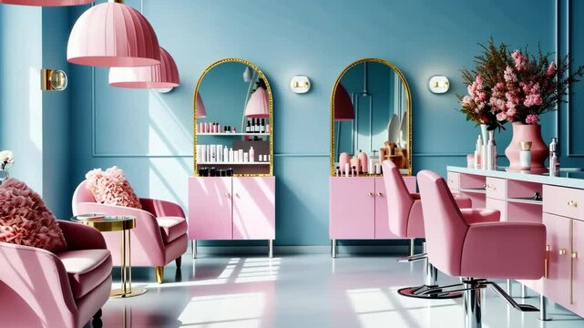 Modern salon interior with modern hairdressing equipment, mirror and comfortable chair.