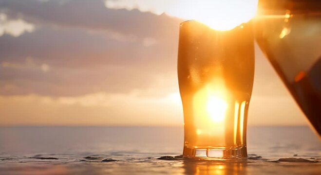 Pouring beer into glass on sea Slow Motion