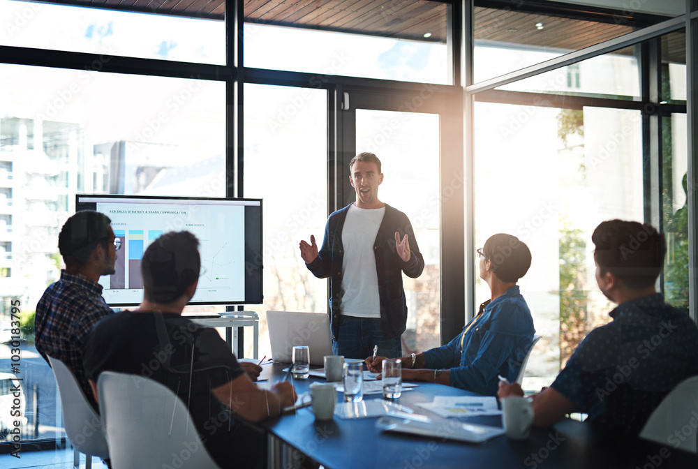Poster business man, presentation and screen in office meeting with group for b2b strategy, speech and grap