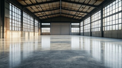 Industrial roller door in a factory setting, showcasing a polished concrete floor, designed for optimal product display within a spacious warehouse or hangar interior.