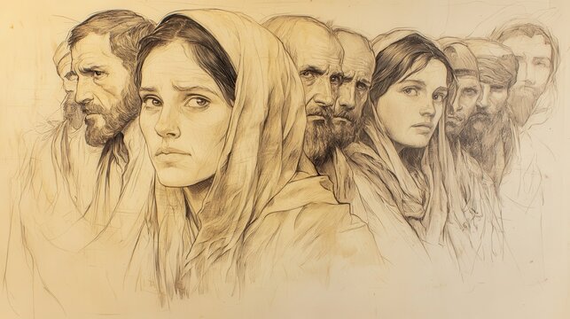 Gomer s distant and weary expression filled with regret and sorrow as she stands amidst strangers in the biblical narrative of Hosea s reconciliation with his wife  A minimalist