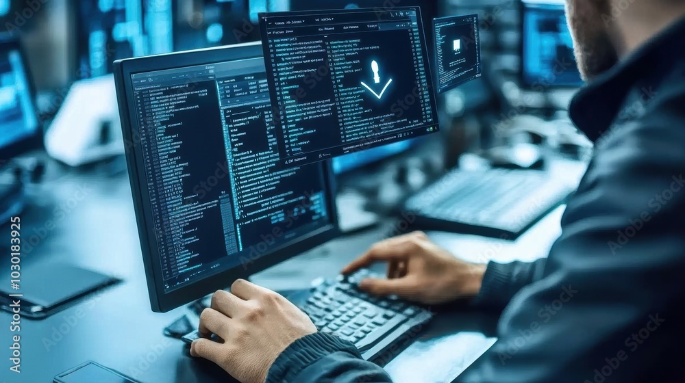Poster programmer working on multiple monitors in office