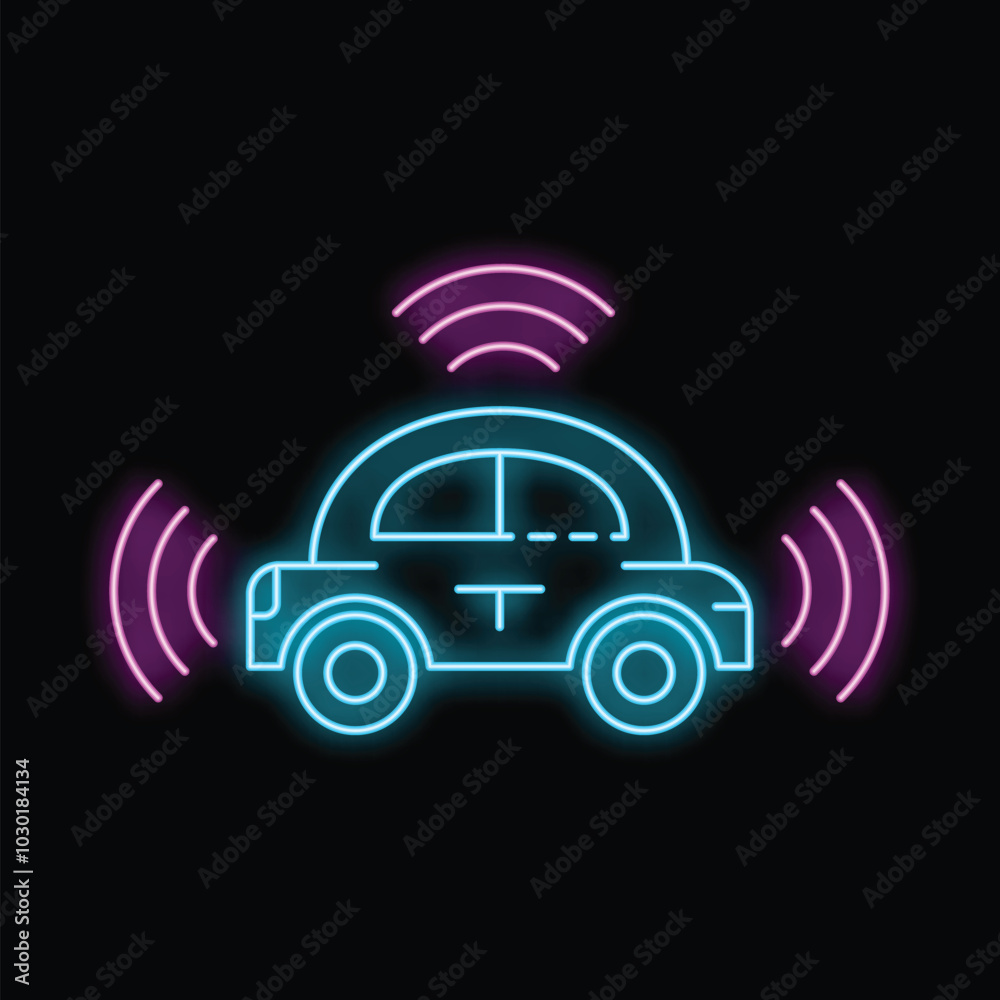 Poster neon icon of an autonomous self driving vehicle using sensors to navigate