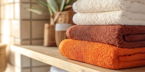 A cozy pile of soft towels neatly stacked on a wooden shelf. The warm colors include orange, brown, and cream, bringing a touch of comfort to any bathroom. Perfect for home decor. AI