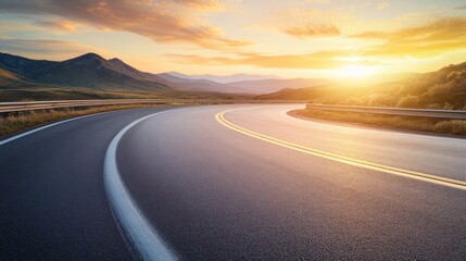 Curved Highway at Sunset, asphalt road winding through mountains under a golden sky, capturing the serene beauty of nature's transition from day to night.