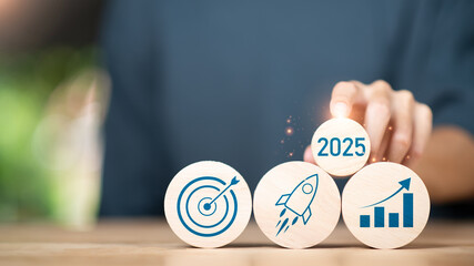 Merry Christmas and Happy New Year 2025 concept, Planning to start a new business and life ,business appraisal ,businessman new year business goals 2025 ,marketing strategy planning ,focused