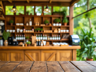 Obraz premium empty wooden table with bar background, ready for product advertisement