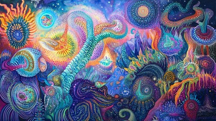 Visionary exploration of astral planes where spiritual energies merge with cosmic patterns in a luminous dream world