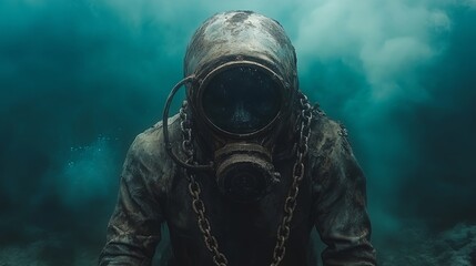 In this illustration, a person is wrapped with chains underwater to represent suffocation.