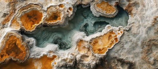 Obraz premium Abstract patterns of orange, white and blue in a natural hot spring.