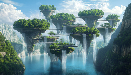 Naklejka premium A futuristic landscape where islands covered with lush greenery float in the sky, held aloft by solar-powered platforms