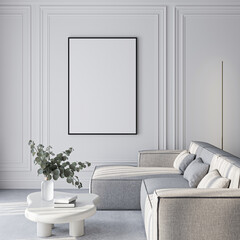 Frame mockup, ISO A paper size. Living room wall poster mockup. Interior mockup with house background. Modern interior design. 3D render
