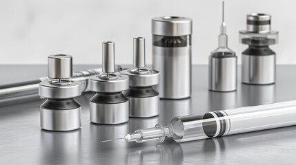 Medical vials, syringes, and needles on a metallic surface