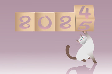 Cute Cat Celebrating Transition from 2024 to 2025 in Playful New Year Illustration. The image symbolizes new beginnings and the excitement of welcoming a new year