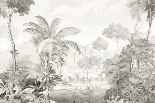 Fototapeta Deep forest landscape outdoors drawing.