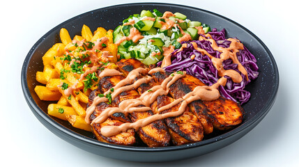 A Classic Kapsalon Delight Showcased on a Black Marble Plate with a Chic Light Blue Background