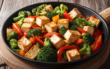 Delicious stir-fried tofu with vibrant bell peppers and fresh broccoli in a skillet.