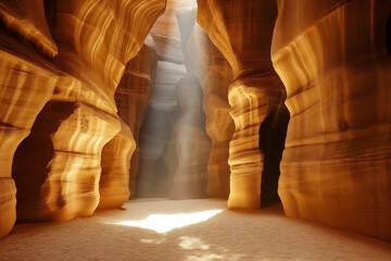 Photo of Antelope Canyon in Arizona, USA with light rays piercing through the rocks, creating an otherworldly atmosphere