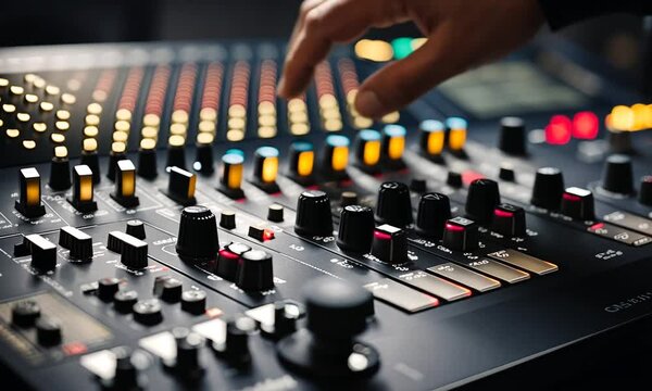 A close-up of a sound mixing console with illuminated buttons and knobs for audio control.