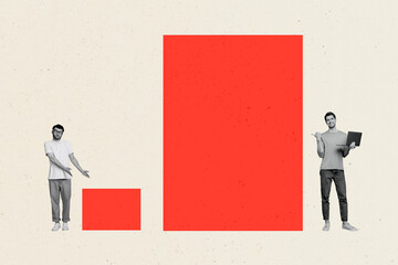 Trend artwork image collage of business stats human resource graphics trade platform two young man...