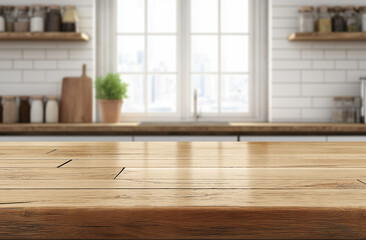 A beautiful, empty wooden tabletop counter in a clean and bright kitchen background, ready for a product display mockup