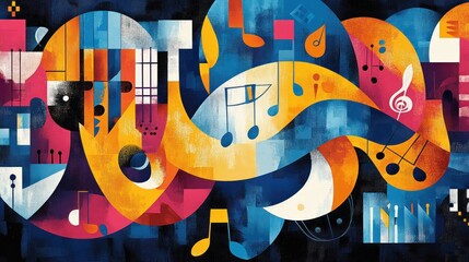 Abstract musical composition with colorful shapes and musical notes on a dark blue background.