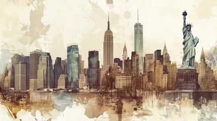 Fotobehang Aquarelschilderij wolkenkrabber panorama view of america skyscraper buildings american architecture nyc usa united satates ruban city view watercolor artistic illustration modern first world land marks digital painting liberty  © Duaa