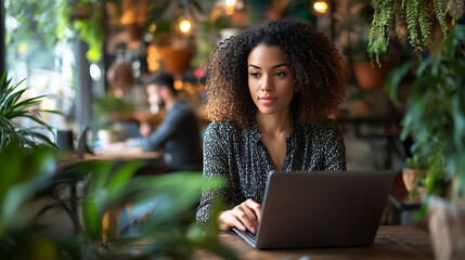 A woman with curly hair is sitting at a table with a laptop in front of her