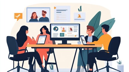 Fototapeta premium Employees participating in a virtual meeting from their desks