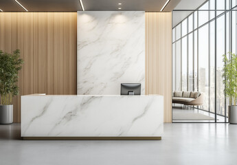 Modern office space with a white and wood color palette, a reception desk, glass walls for meeting rooms, light gray floors, wooden panels on the walls, and an ultra-realistic appearance.