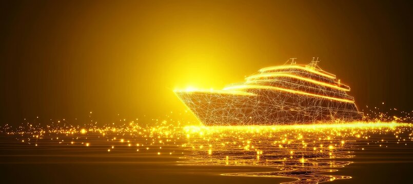 Luxury Yacht Glowing Golden Light, Futuristic Transportation, Innovation Travel Concept